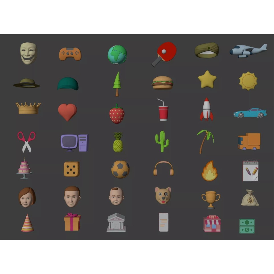 Cartoon Icons 3D Model – Low Poly Collection for Games, FBX - View 3
