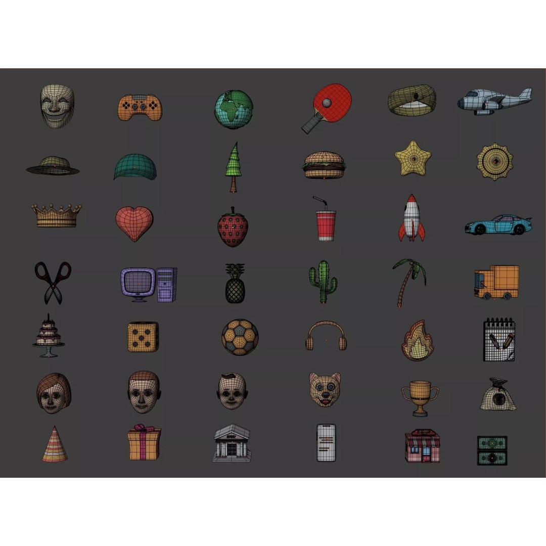 Cartoon Icons 3D Model – Low Poly Collection for Games, FBX - View 4