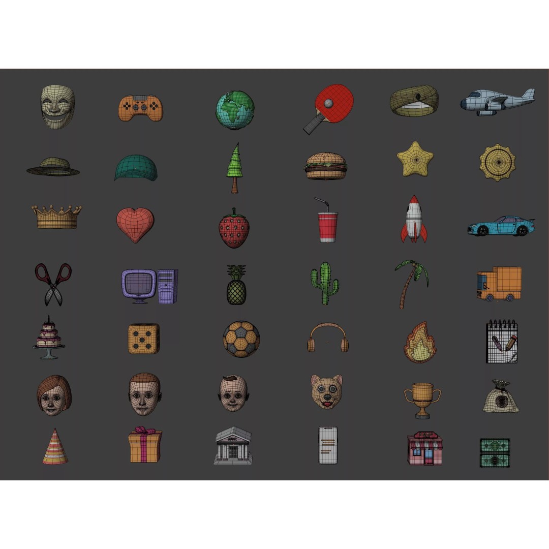 Cartoon Icons 3D Model – Low Poly Collection for Games, FBX - View 5