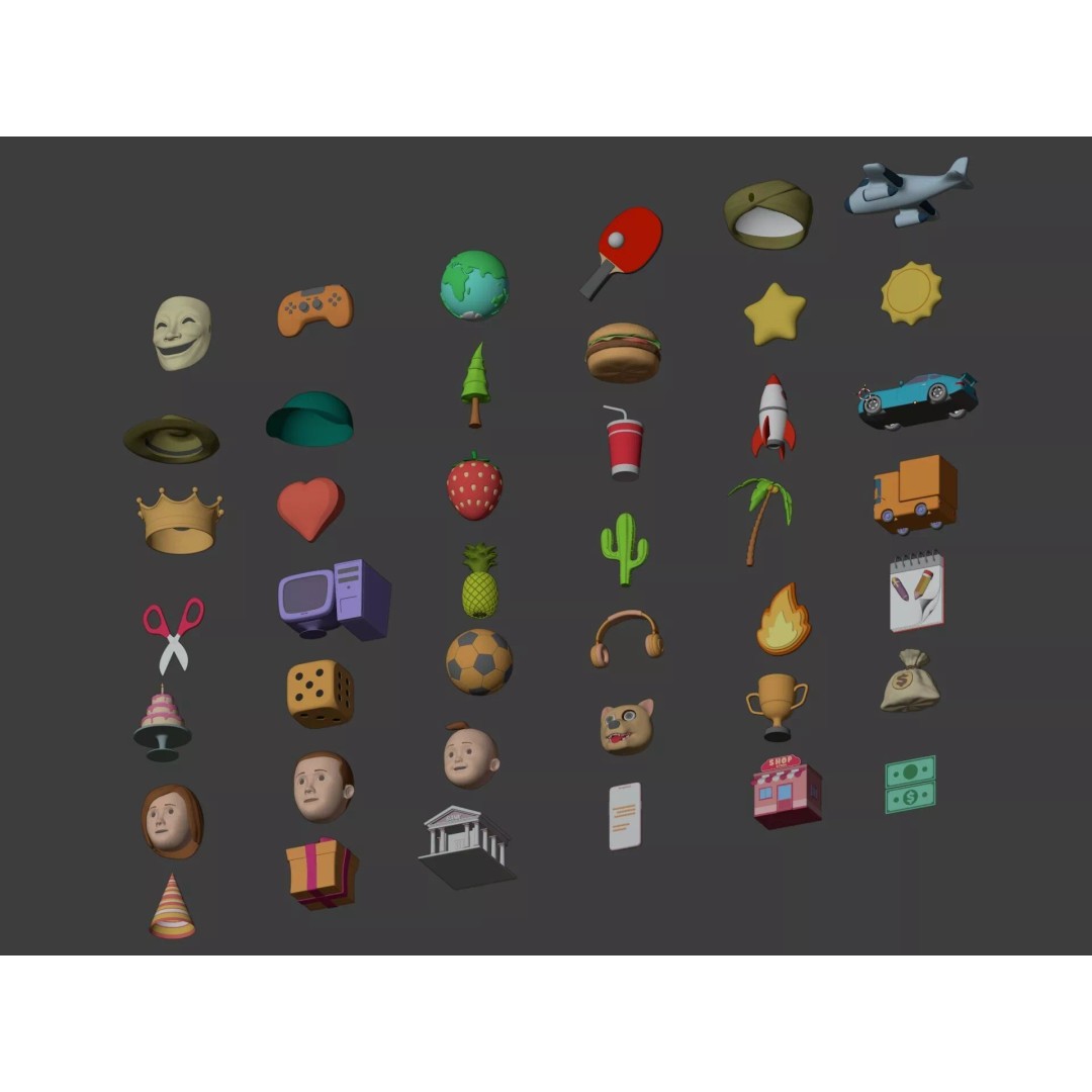 Cartoon Icons 3D Model – Low Poly Collection for Games, FBX - View 9