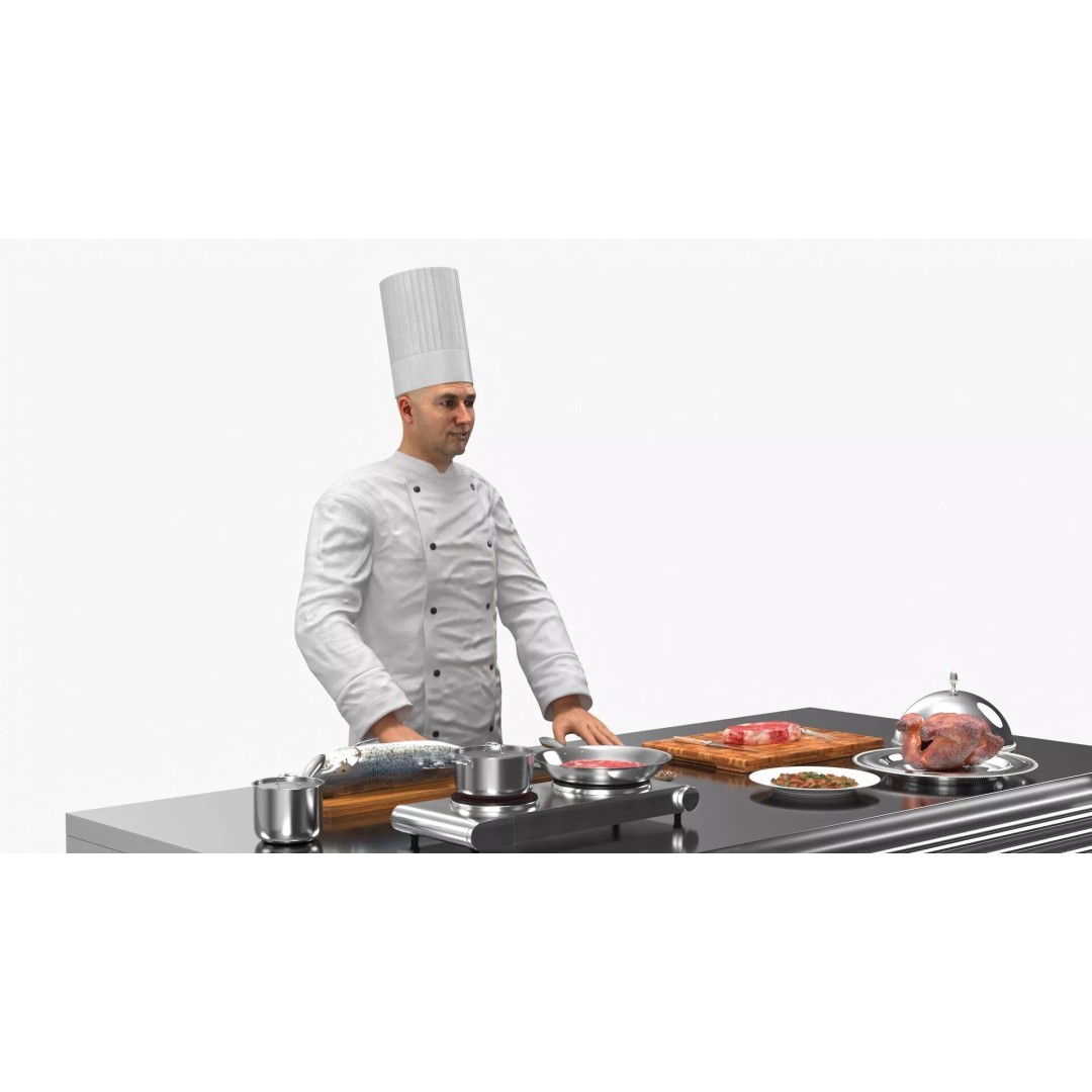 Chef 3D Model – High Poly Character with Cooking Station, FBX - View 2