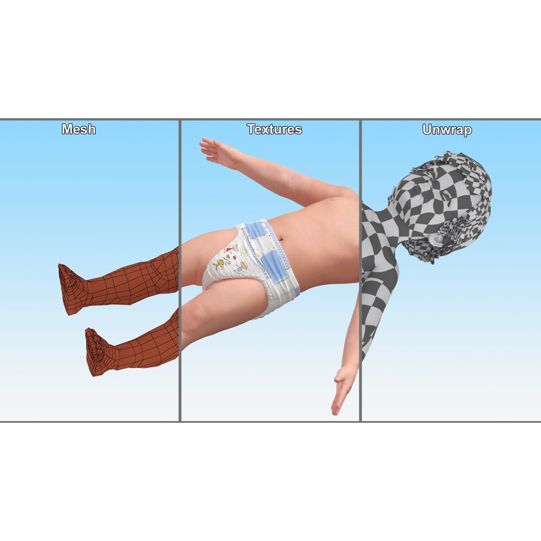Boy Aged 1 Year in Diaper A-Pose 3D Model – High-Quality Character Asset, PBR - View 14