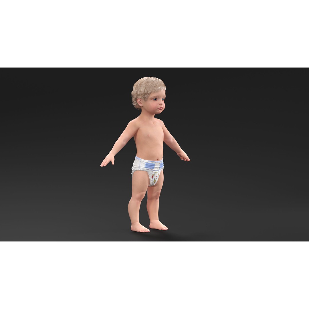 Boy Aged 1 Year in Diaper A-Pose 3D Model – High-Quality Character Asset, PBR - View 4