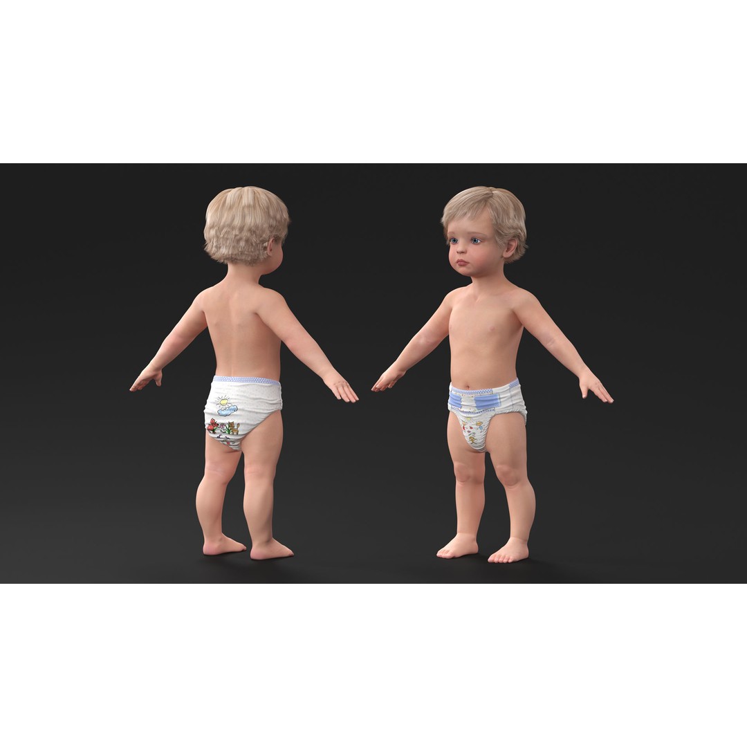 Boy Aged 1 Year in Diaper A-Pose 3D Model – High-Quality Character Asset, PBR - View 5