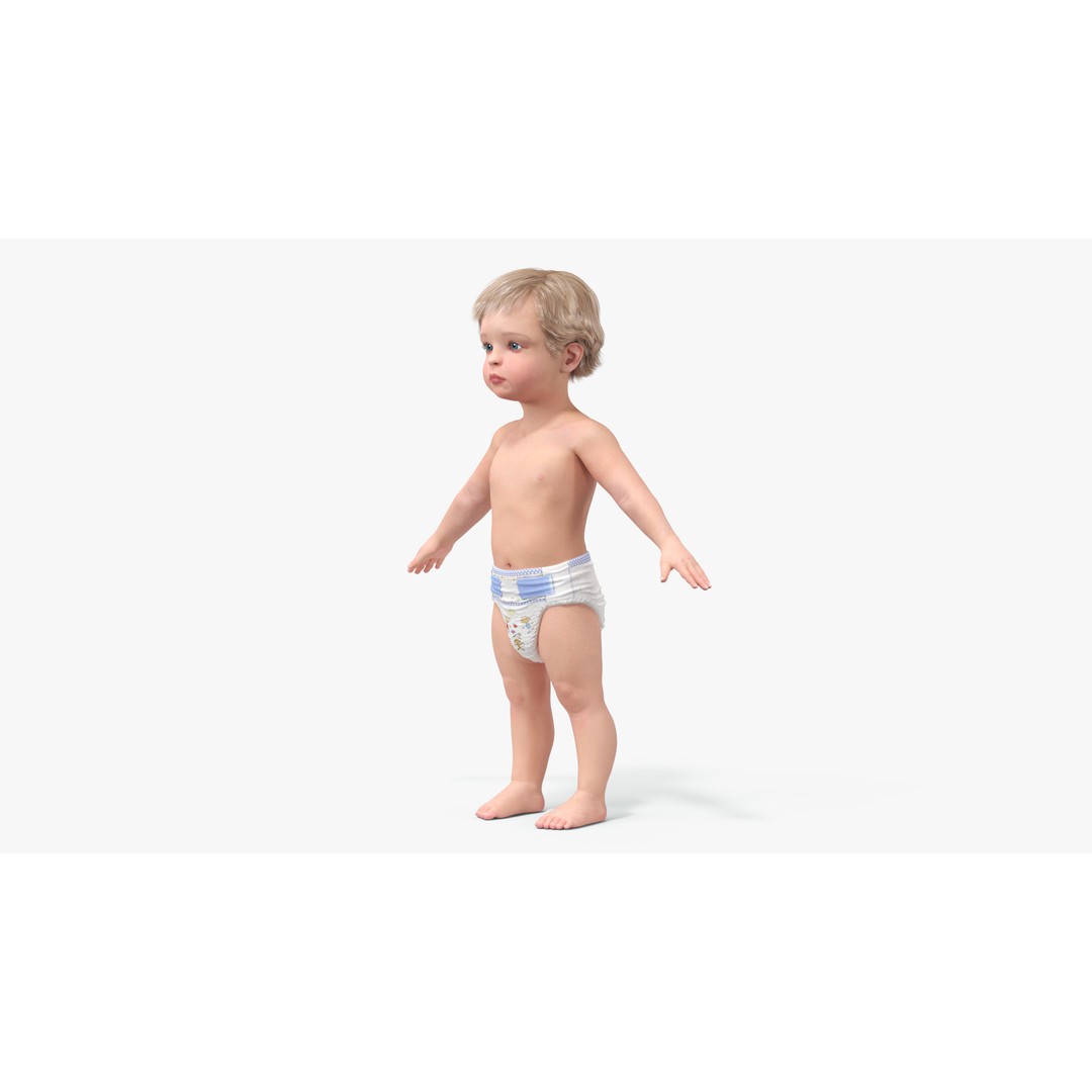 Boy Aged 1 Year in Diaper A-Pose 3D Model – High-Quality Character Asset, PBR - View 6