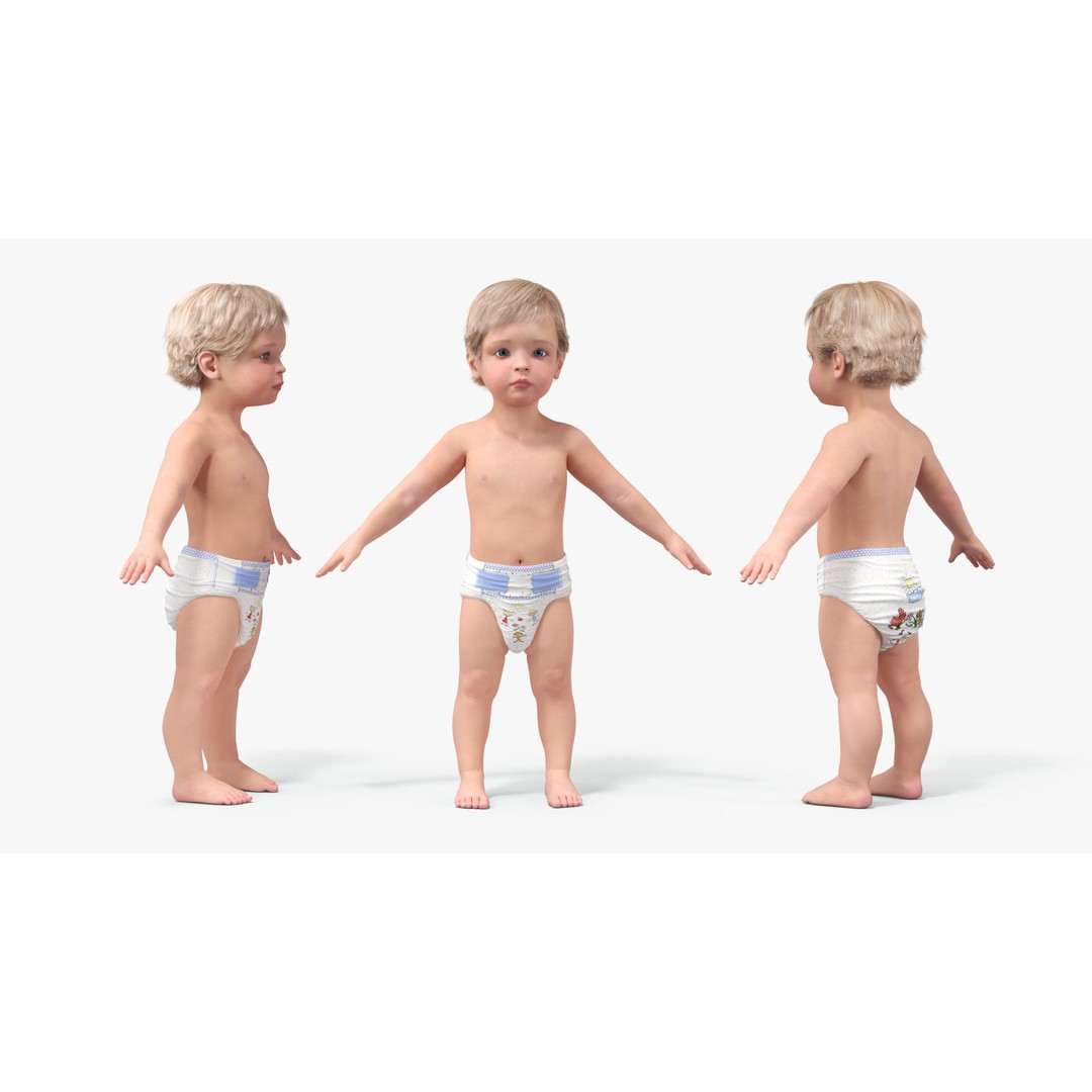 Boy Aged 1 Year in Diaper A-Pose 3D Model – High-Quality Character Asset, PBR - View 7