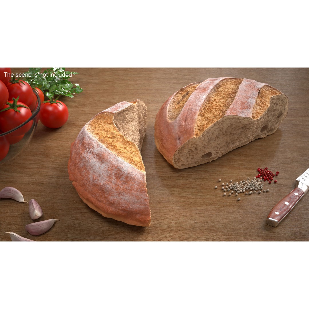 Broken Loaf of Round Bread 3D Model – High Quality PBR Asset, FBX, OBJ - View 2
