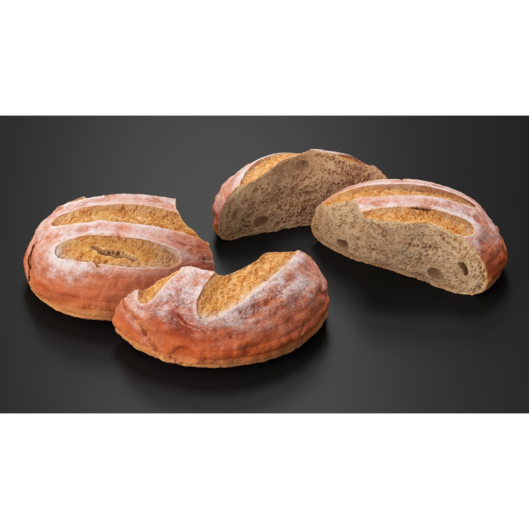 Broken Loaf of Round Bread 3D Model – High Quality PBR Asset, FBX, OBJ - View 4