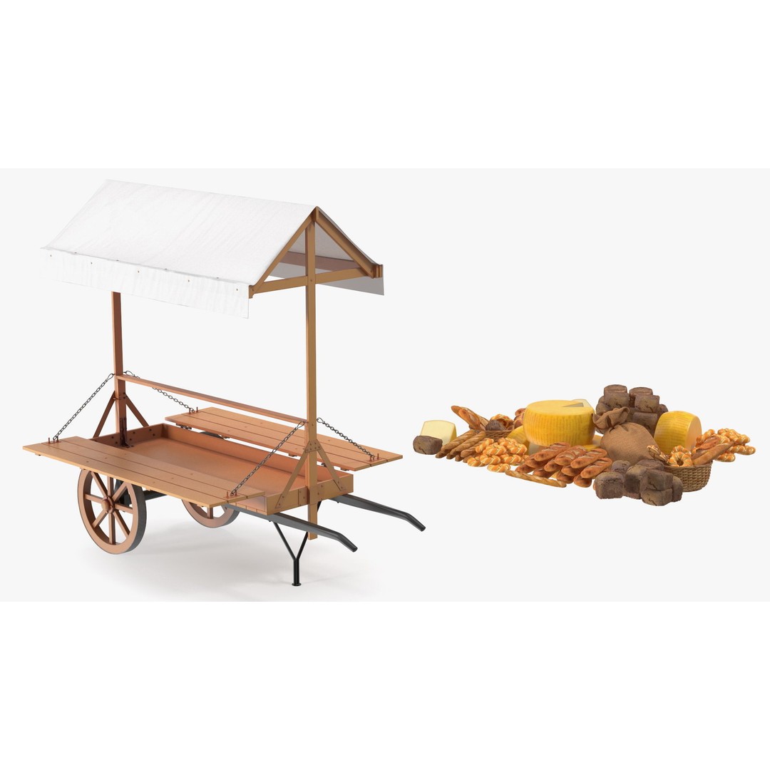 Market Stall Cart 3D Model – Medieval Wooden Vehicle, PBR Textures, FBX - View 14