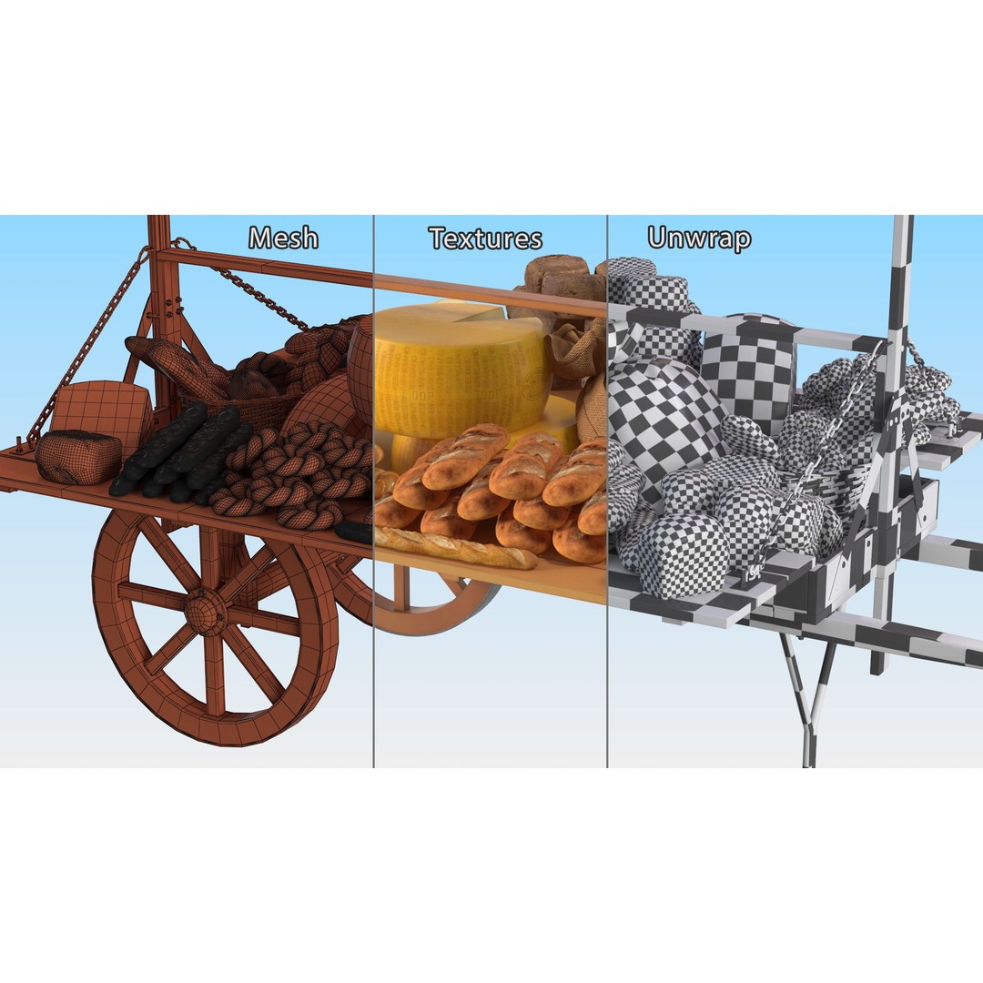 Market Stall Cart 3D Model – Medieval Wooden Vehicle, PBR Textures, FBX - View 18