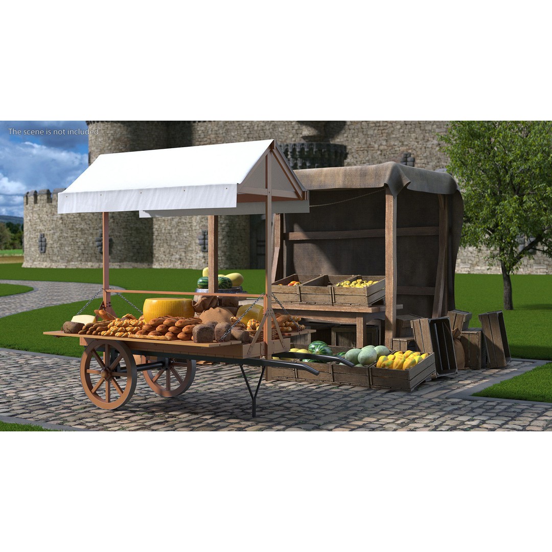 Market Stall Cart 3D Model – Medieval Wooden Vehicle, PBR Textures, FBX - View 2