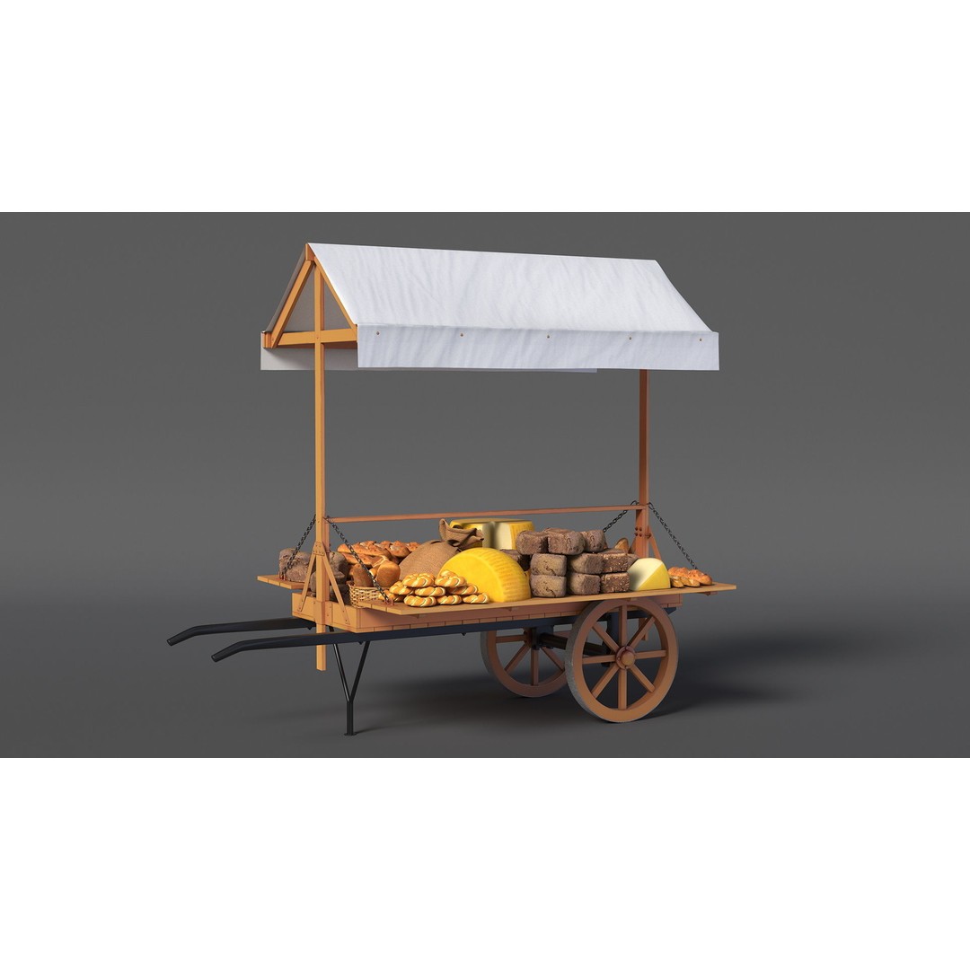 Market Stall Cart 3D Model – Medieval Wooden Vehicle, PBR Textures, FBX - View 5