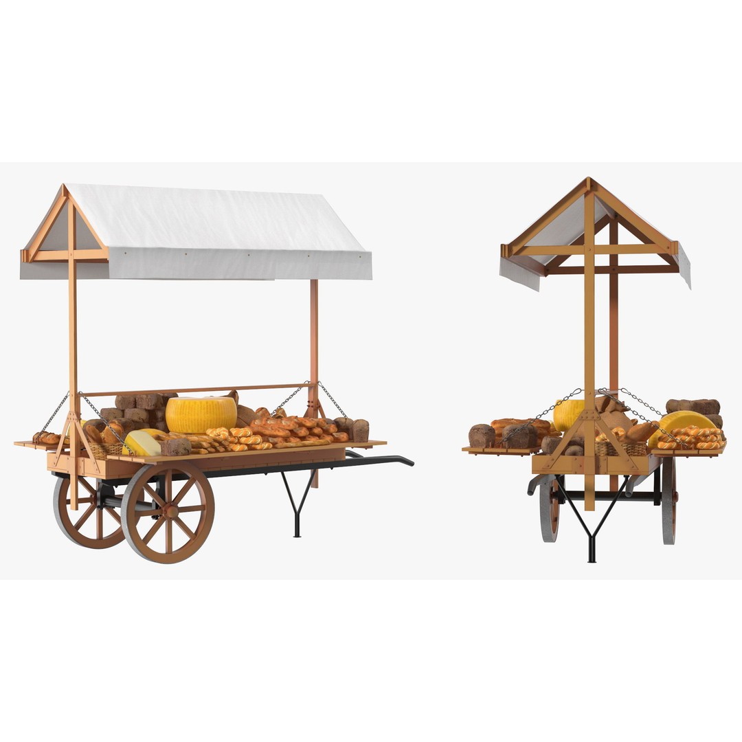 Market Stall Cart 3D Model – Medieval Wooden Vehicle, PBR Textures, FBX - View 7