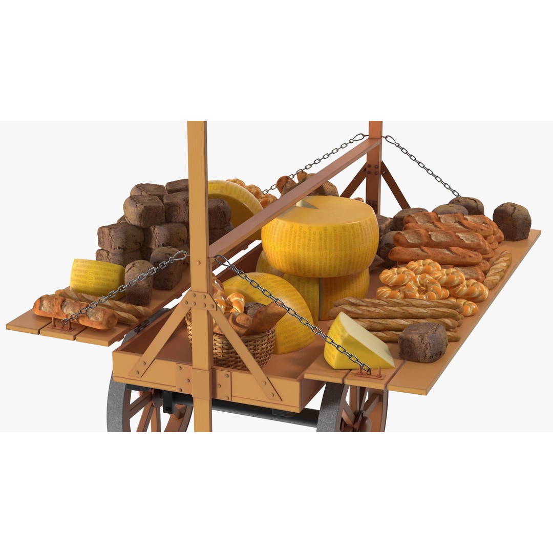 Market Stall Cart 3D Model – Medieval Wooden Vehicle, PBR Textures, FBX - View 9