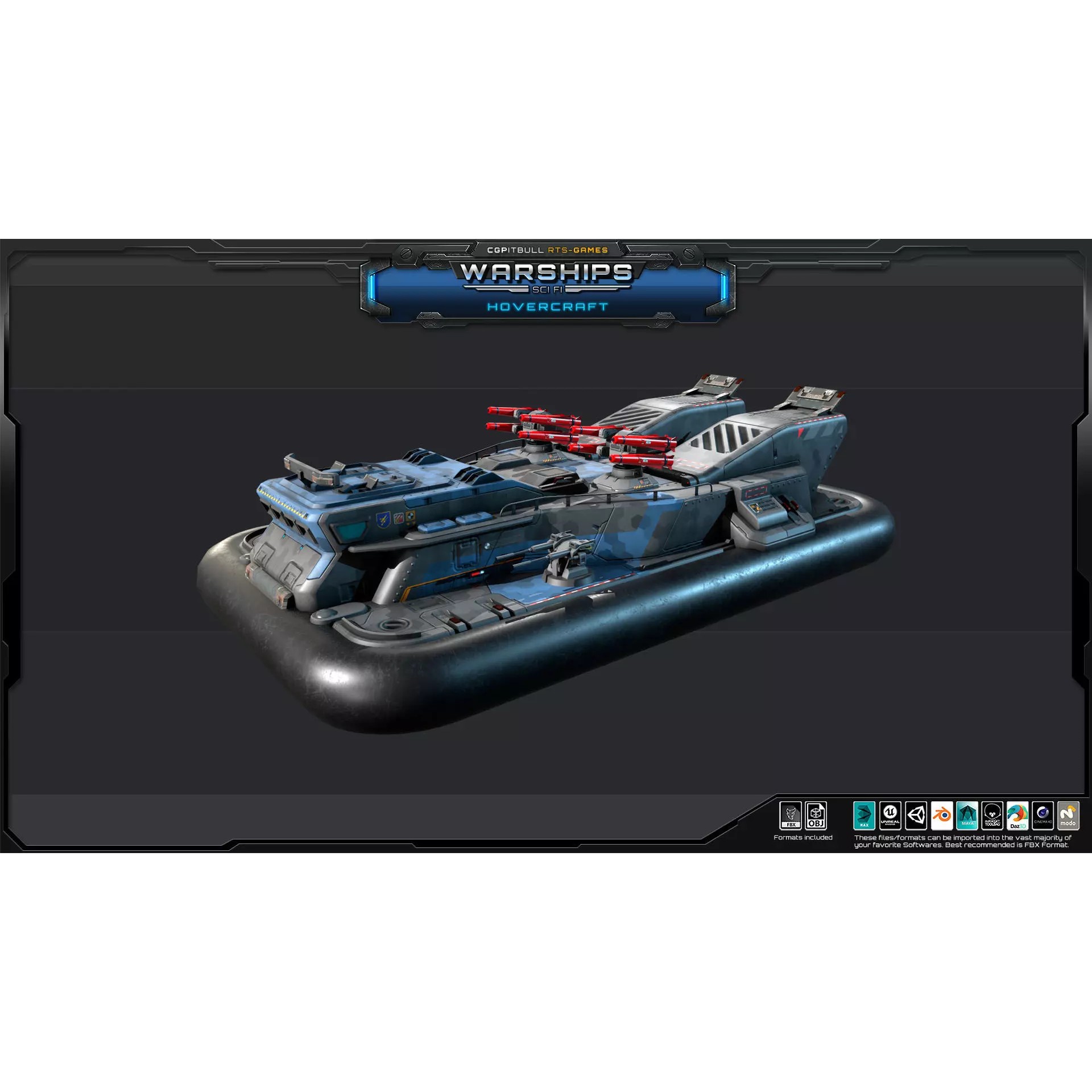 Futuristic Hovercraft - Low-Poly Game-Ready 3D Model - View 3