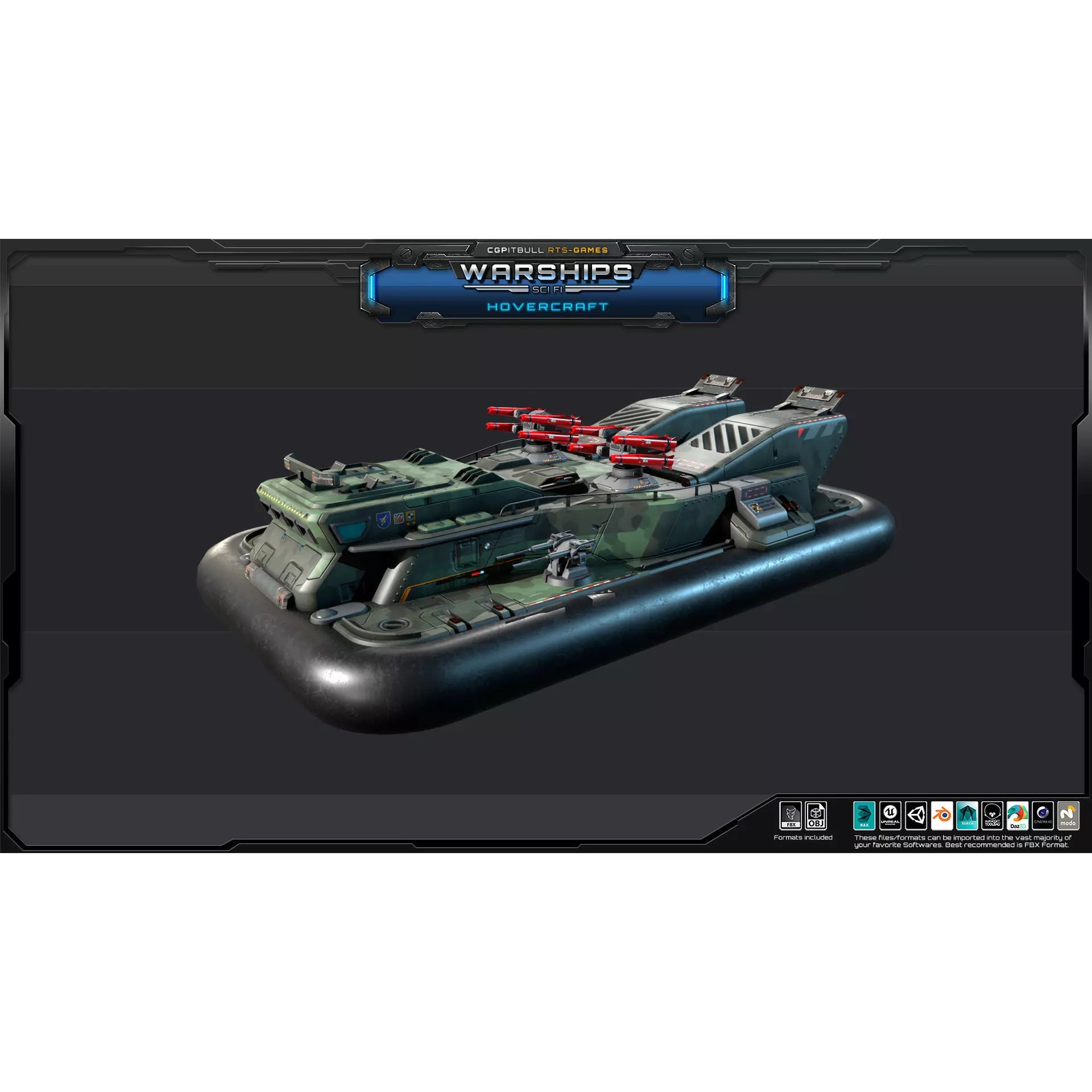 Futuristic Hovercraft - Low-Poly Game-Ready 3D Model - View 4