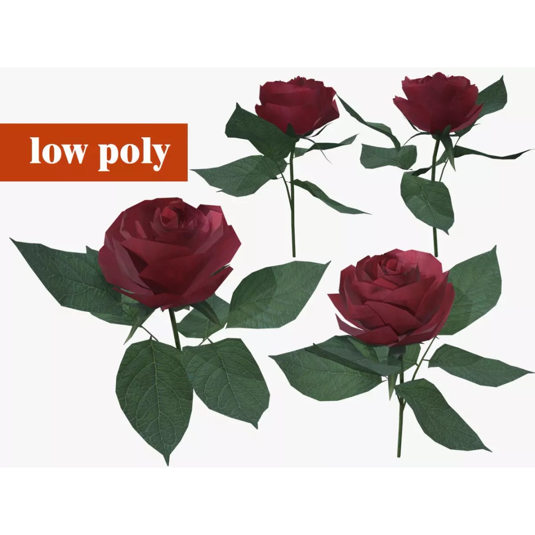 Red Rose 3D Model – Low Poly Textured Game Asset, FBX, OBJ - View 2
