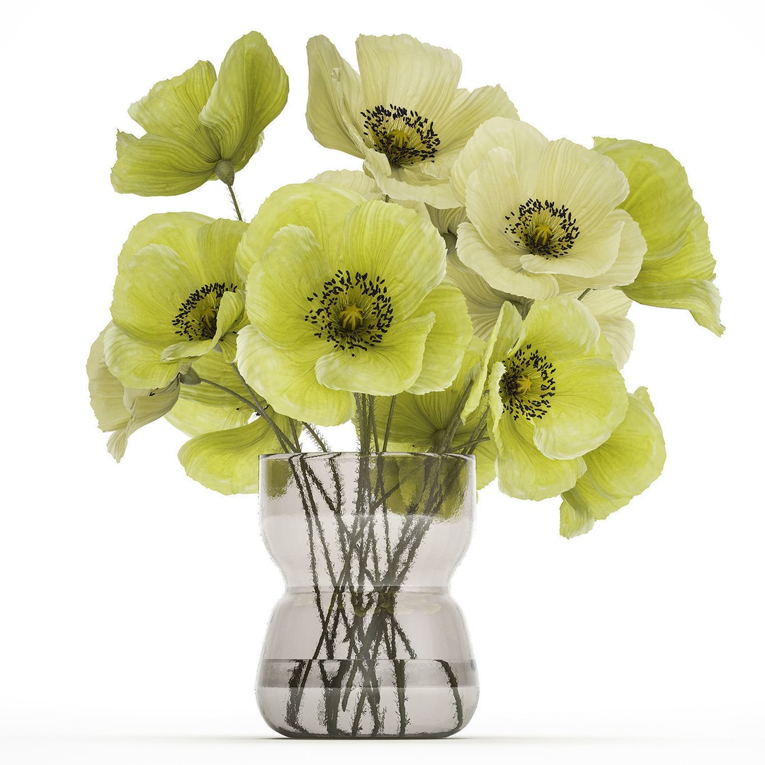 Bouquet of Green Wild Flowers 3D Model – Modern Glass Vase, PBR - View 10