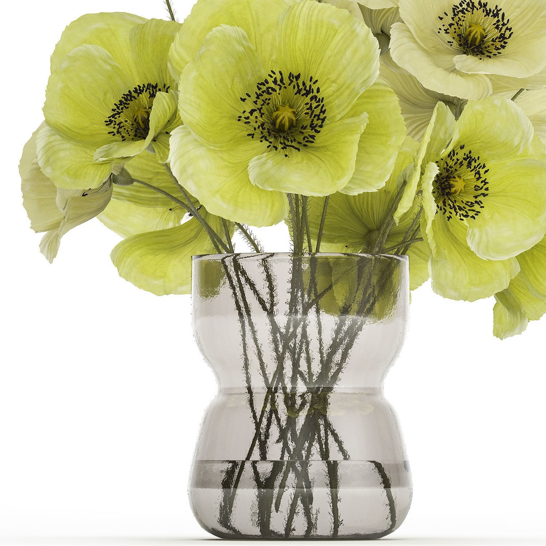 Bouquet of Green Wild Flowers 3D Model – Modern Glass Vase, PBR - View 13