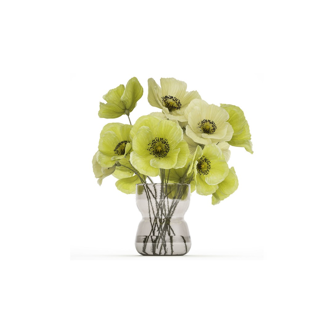 Bouquet of Green Wild Flowers 3D Model – Modern Glass Vase, PBR - View 3