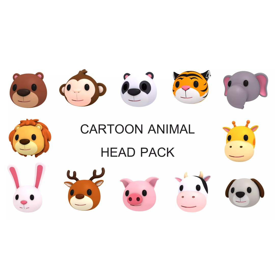 Cartoon Animal Head Pack 3D Model – Low Poly Game Asset, FBX/OBJ - View 2