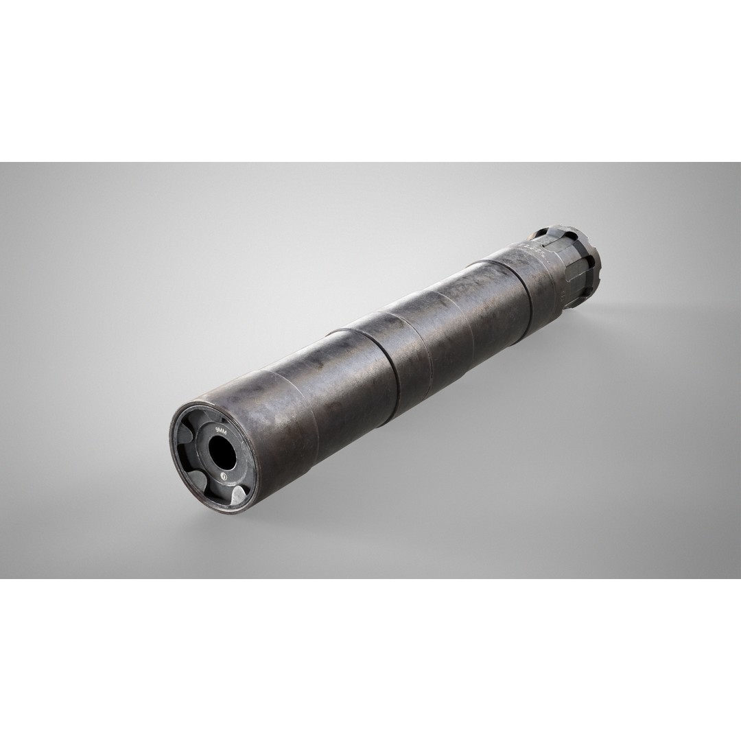 Rugged Obsidian Silencer 3D Model – Low Poly PBR Game Asset, FBX, OBJ - View 3