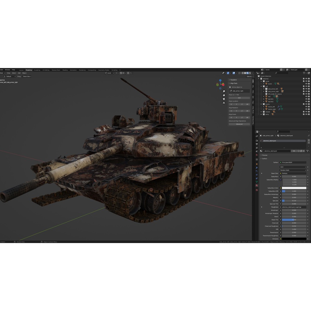 Burnt AbramsX Tank 3D Model – Low Poly Game Asset, FBX