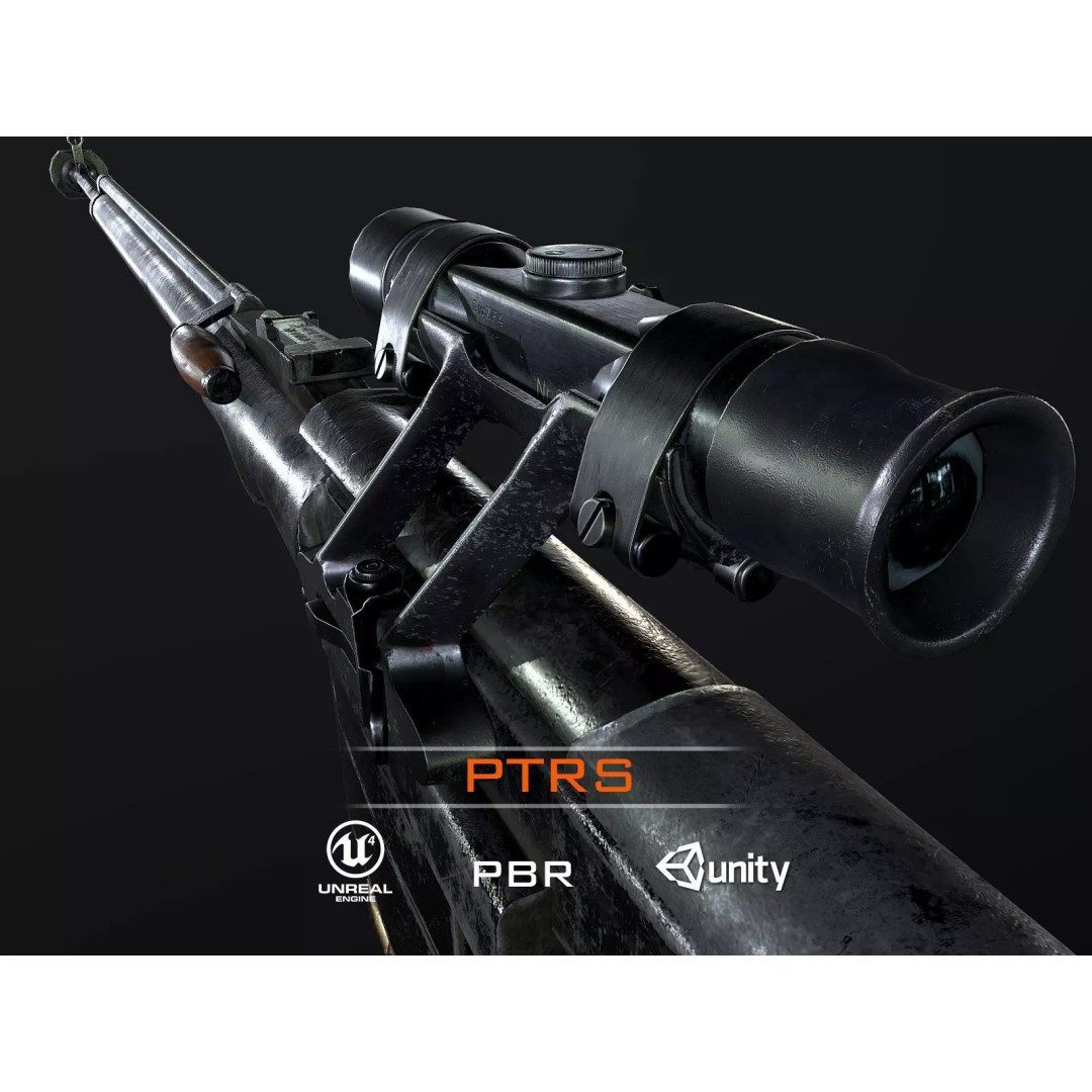 PTRS-41 Anti-Tank Rifle 3D Model – Low Poly Game Asset, FBX, PBR - View 2