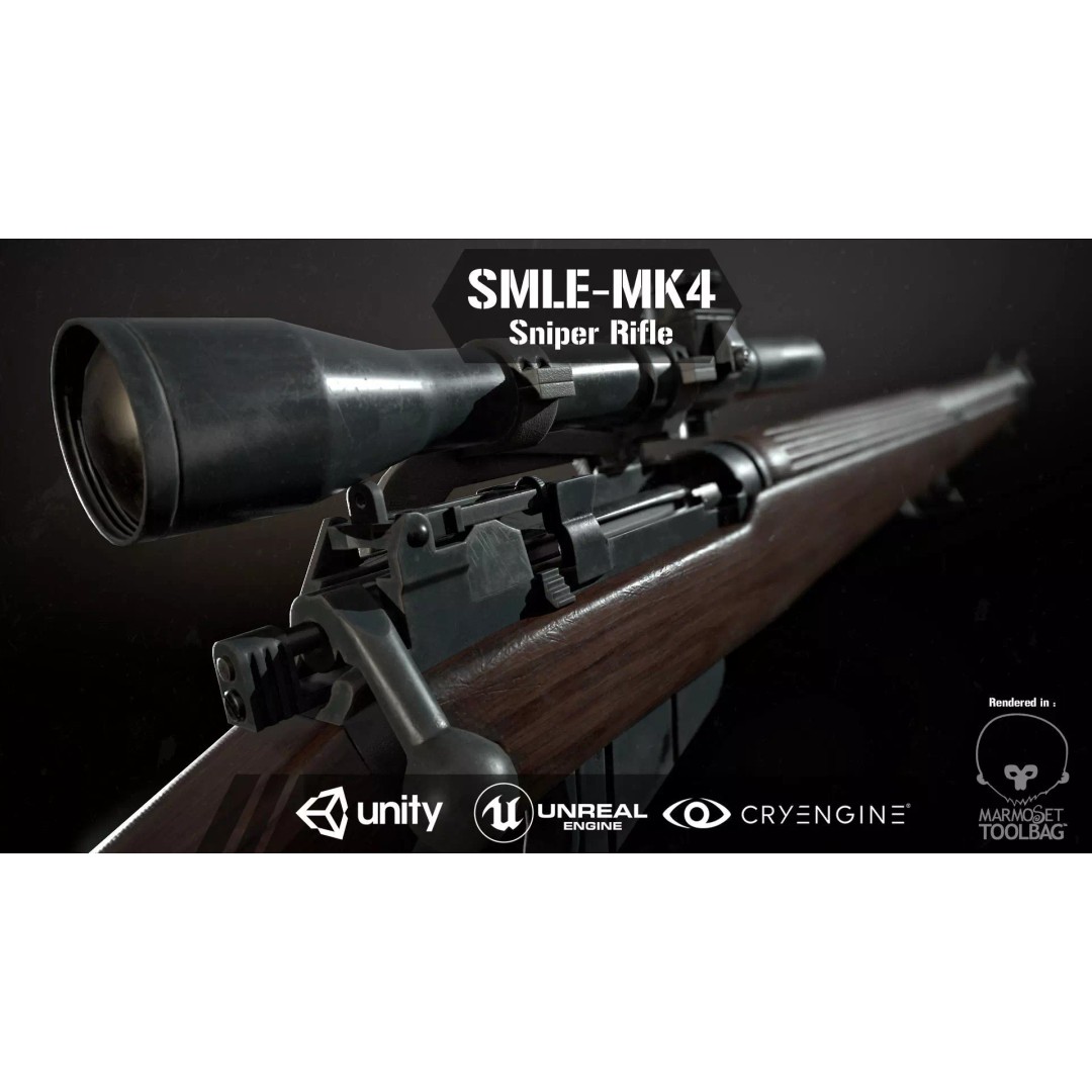 Lee-Enfield No4 Rifle 3D Model – Low Poly Game Asset, FBX, OBJ, Rigged - View 2
