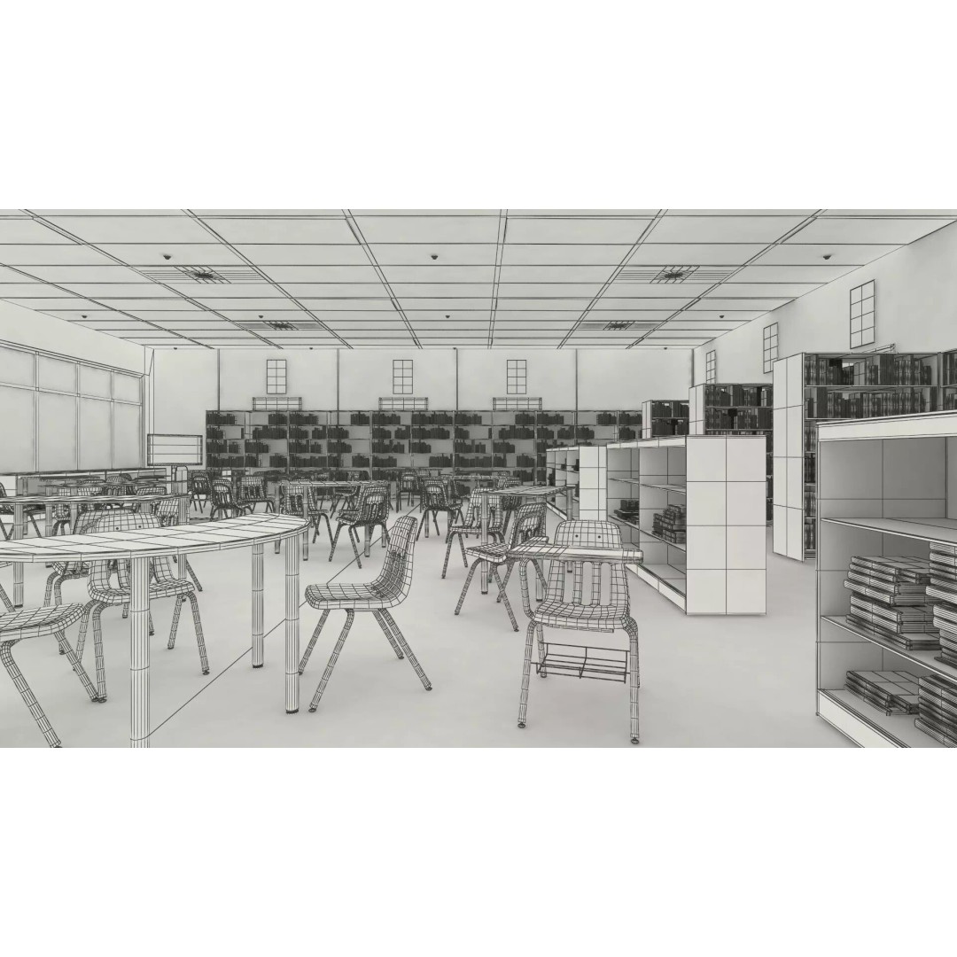 Large School Library 3D Model – Modern Interior Design with PBR Textures - View 15