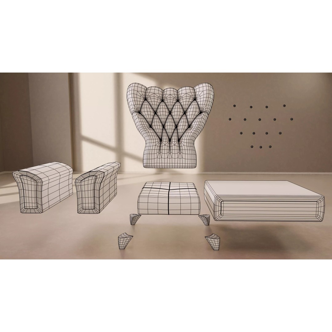 Realistic Tufted Armchair 3D Model – Low Poly Game Ready Asset, FBX - View 17