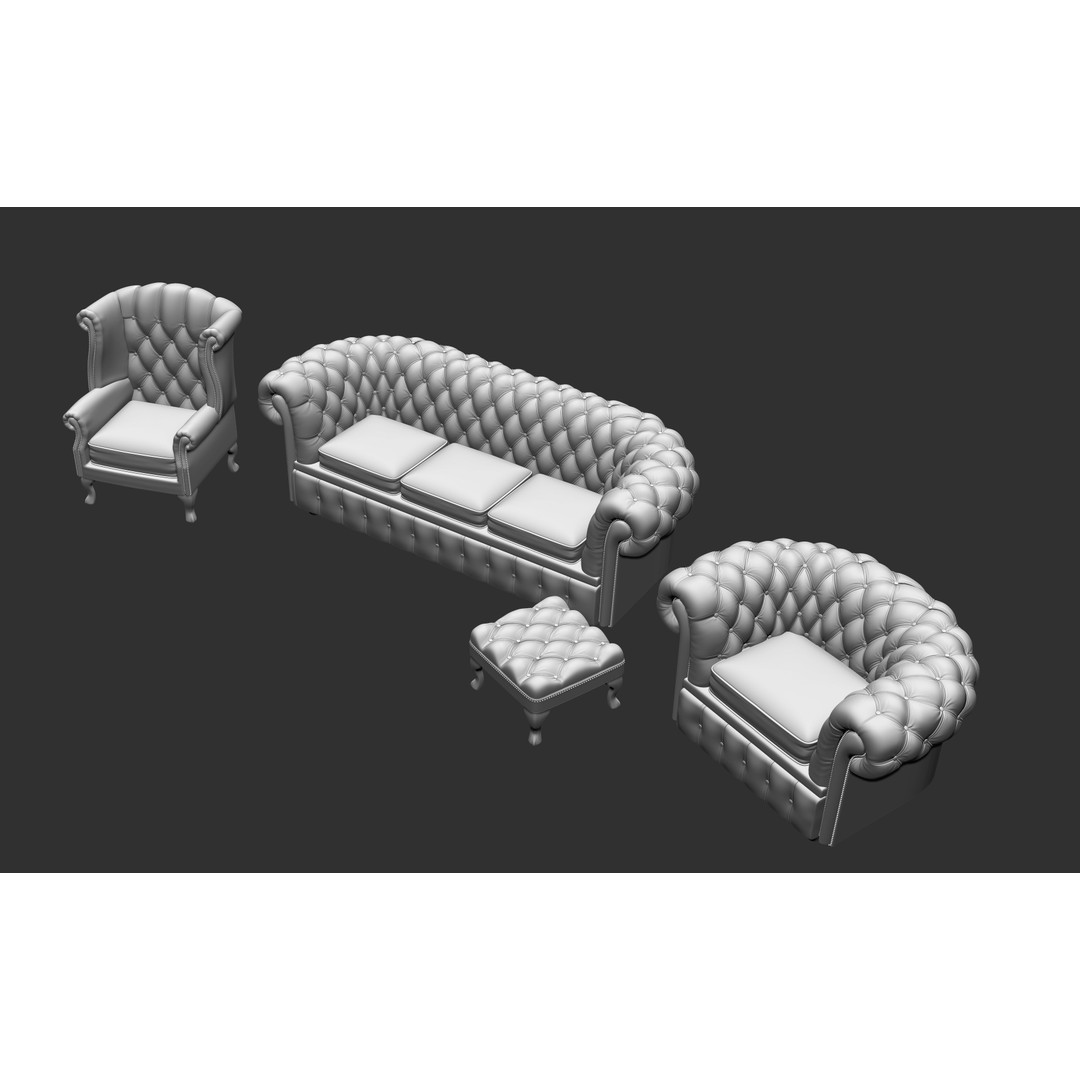 Chesterfield Chair 3D Model – Low Poly Leather Suite, Game Ready, FBX
