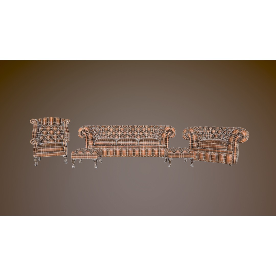 Chesterfield Chair 3D Model – Low Poly Leather Suite, Game Ready, FBX - View 12