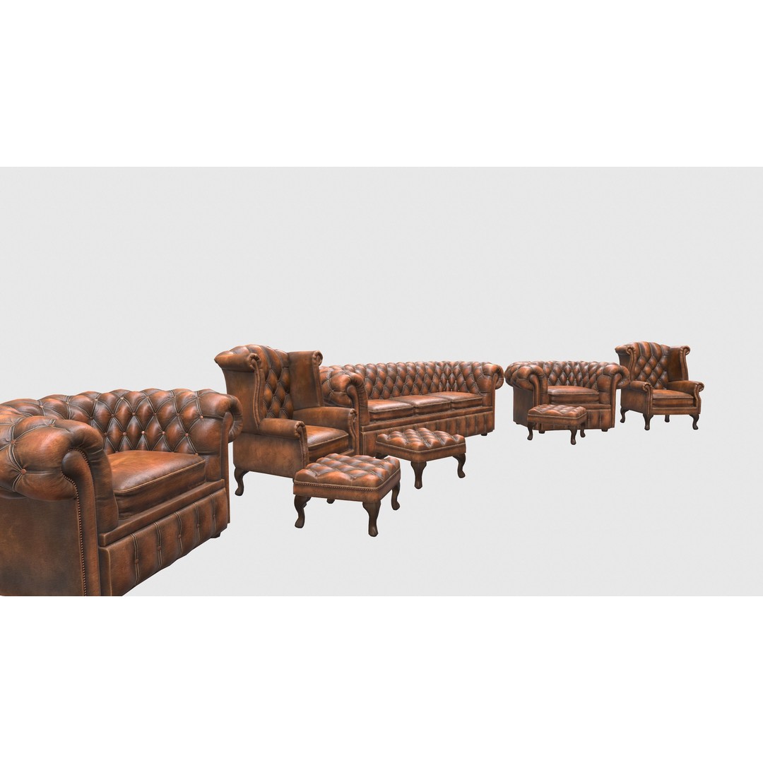 Chesterfield Chair 3D Model – Low Poly Leather Suite, Game Ready, FBX - View 13