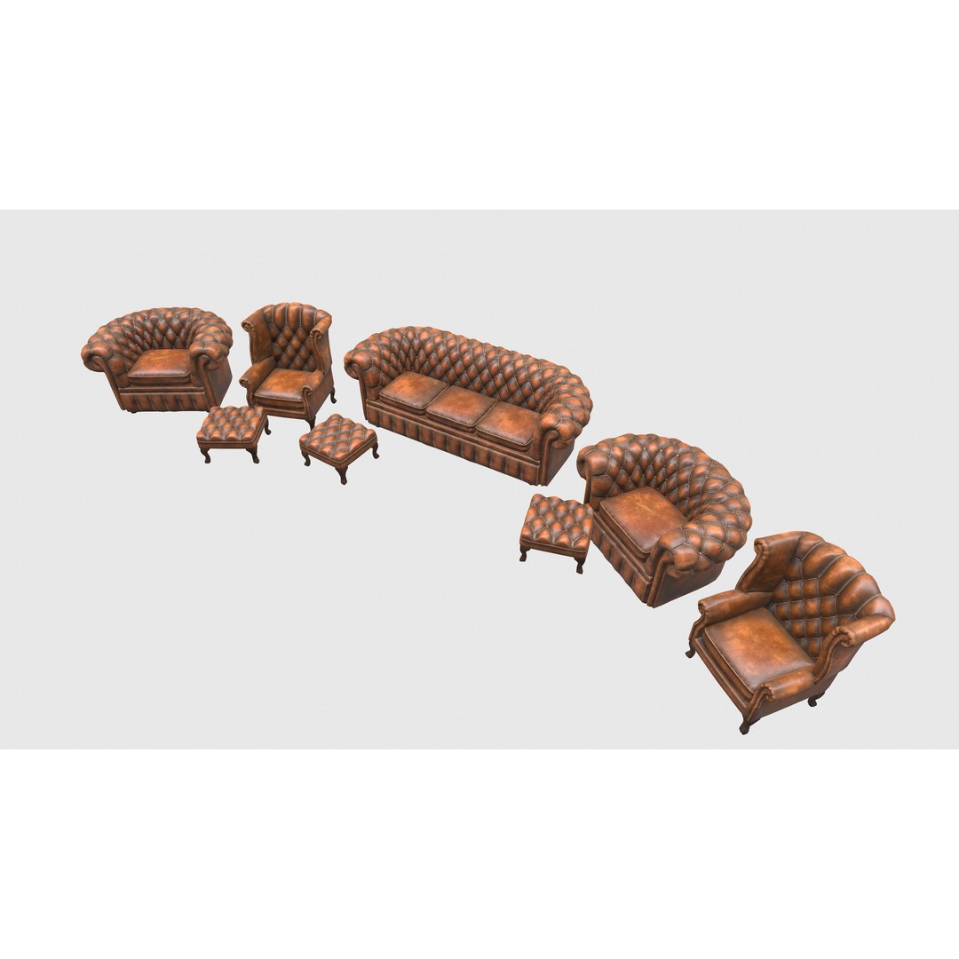 Chesterfield Chair 3D Model – Low Poly Leather Suite, Game Ready, FBX - View 14