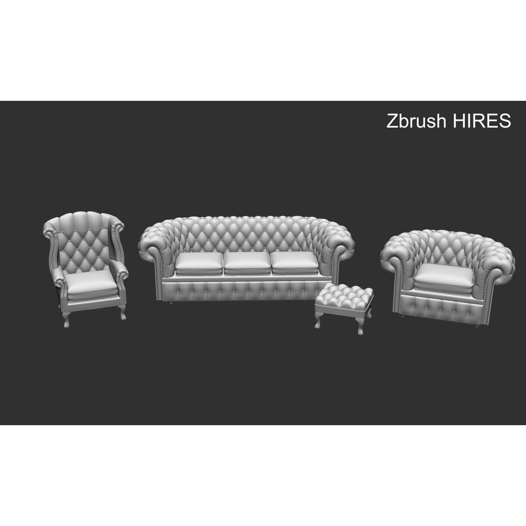 Chesterfield Chair 3D Model – Low Poly Leather Suite, Game Ready, FBX - View 15