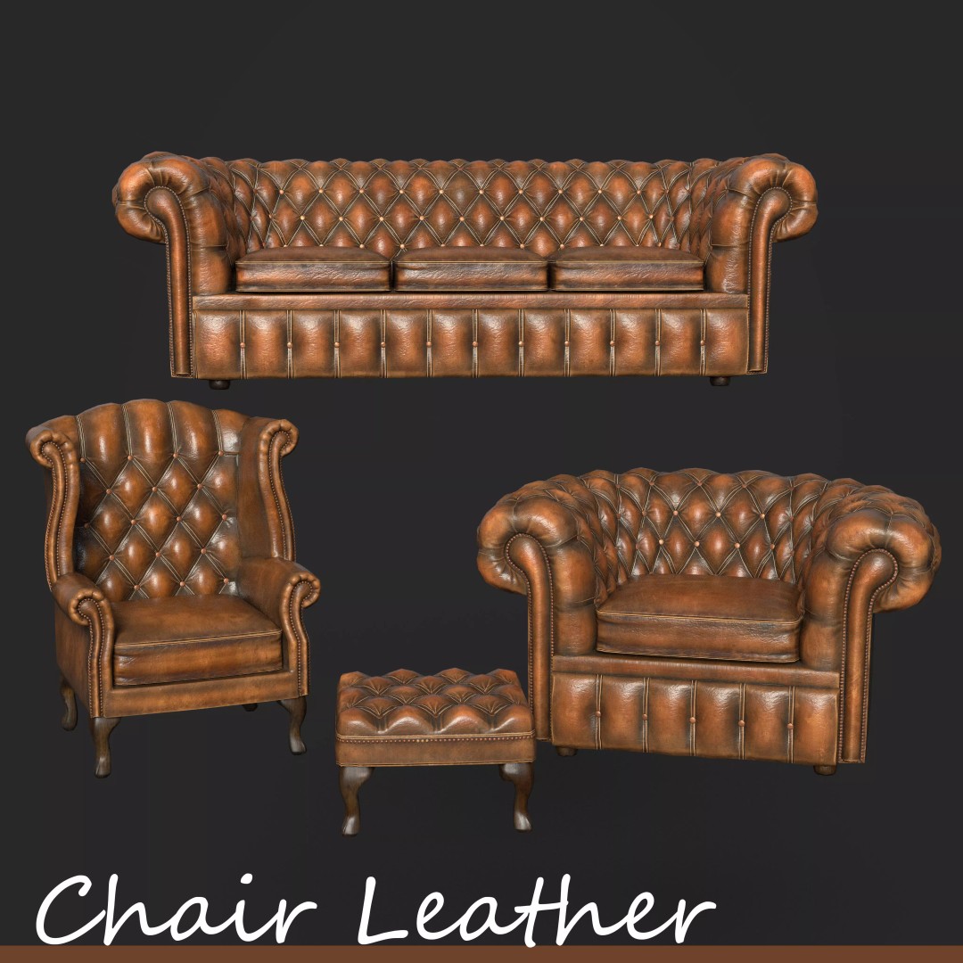Chesterfield Chair 3D Model – Low Poly Leather Suite, Game Ready, FBX - View 2