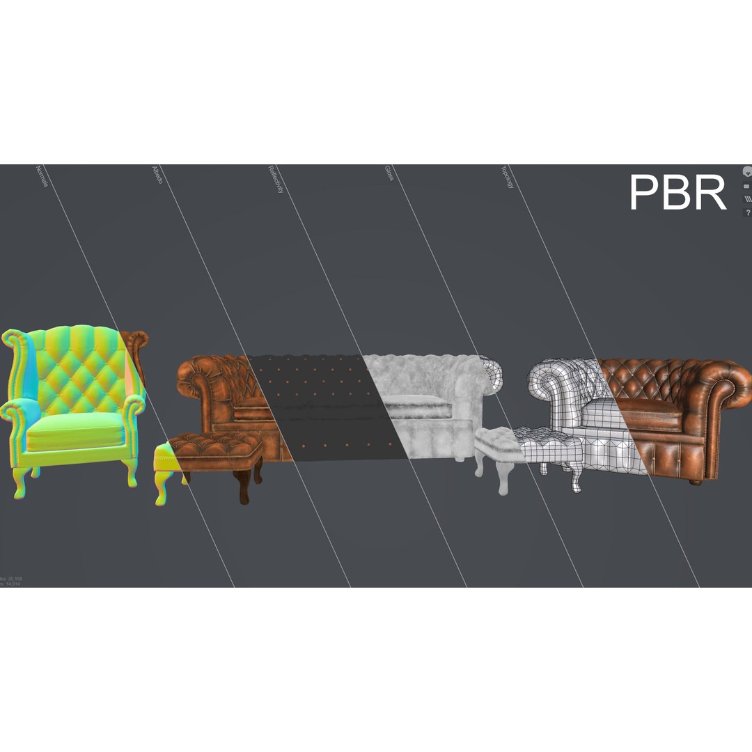 Chesterfield Chair 3D Model – Low Poly Leather Suite, Game Ready, FBX - View 3