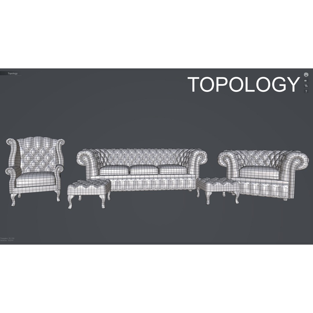 Chesterfield Chair 3D Model – Low Poly Leather Suite, Game Ready, FBX - View 4