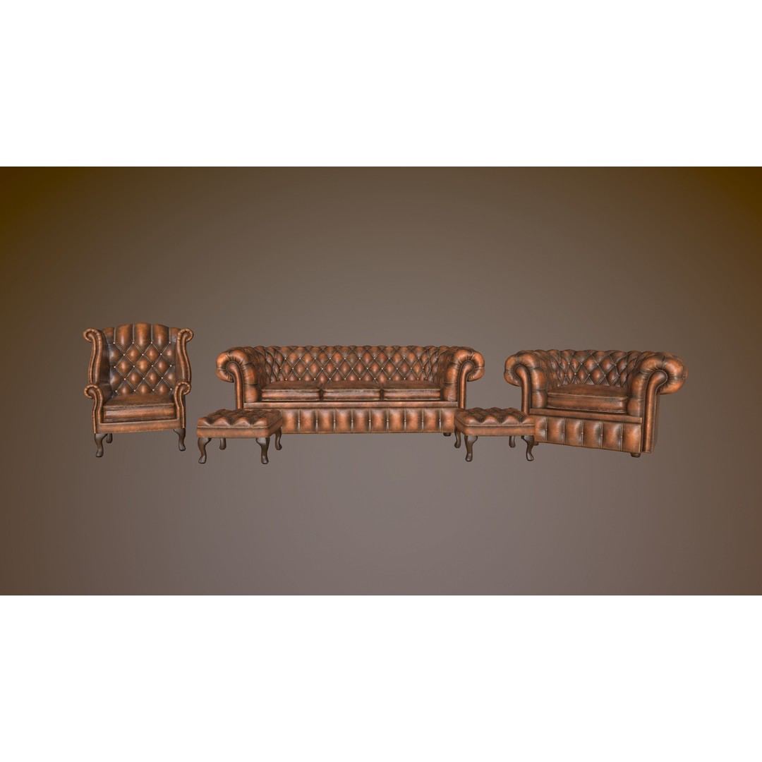 Chesterfield Chair 3D Model – Low Poly Leather Suite, Game Ready, FBX - View 5