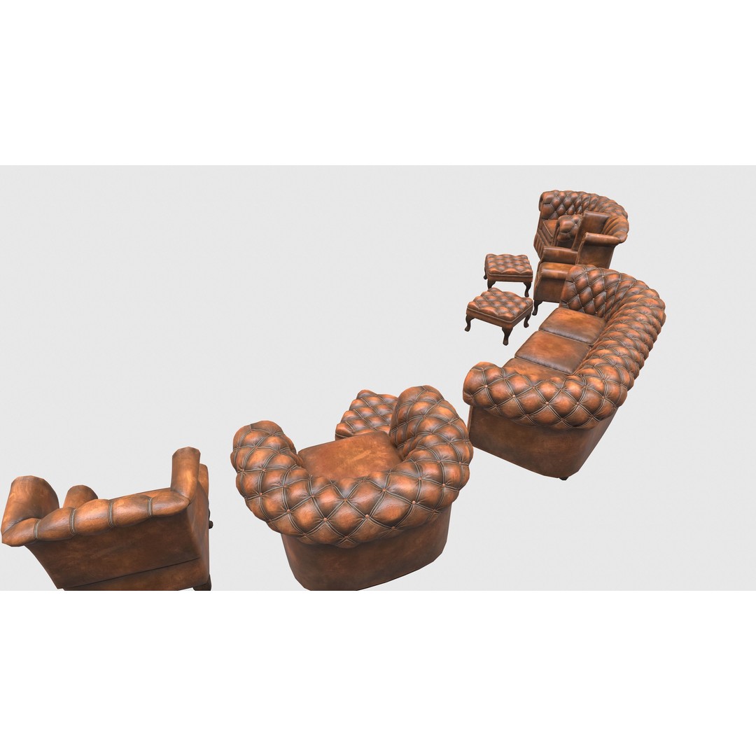 Chesterfield Chair 3D Model – Low Poly Leather Suite, Game Ready, FBX - View 7