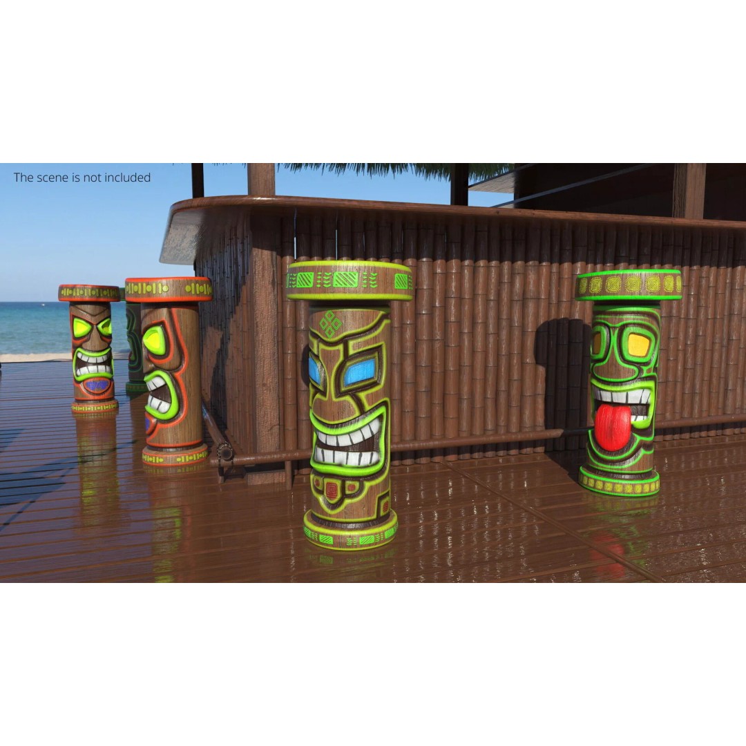 Smiling Tiki Bar Stool 3D Model – Polynesian Style, PBR Textures - View 3