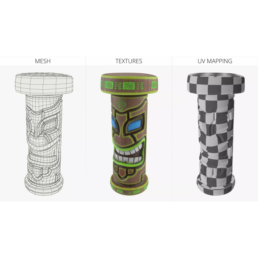Smiling Tiki Bar Stool 3D Model – Polynesian Style, PBR Textures - View 8