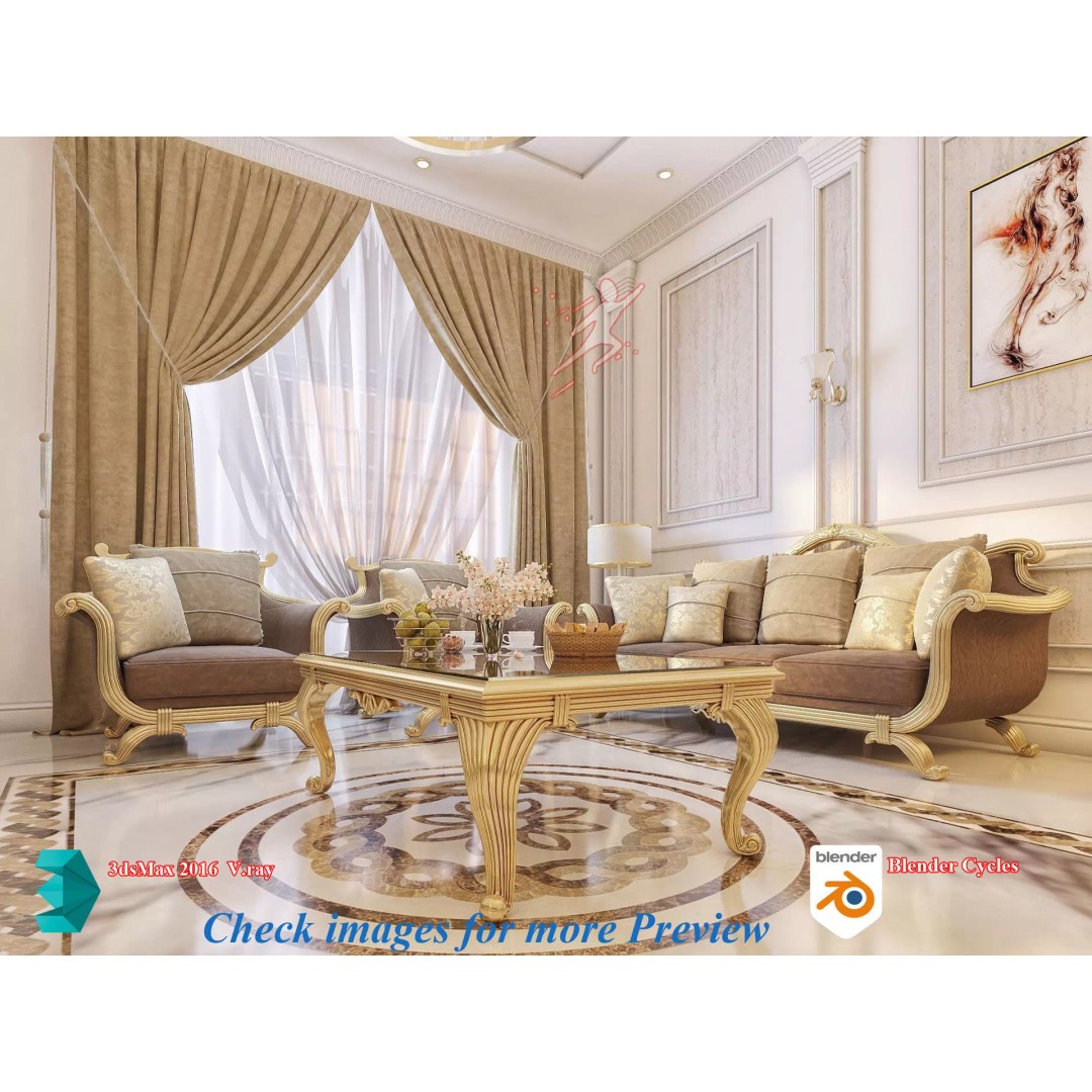 Classic Living Room 3D Model – Luxurious Interior Design, FBX, Blender - View 2
