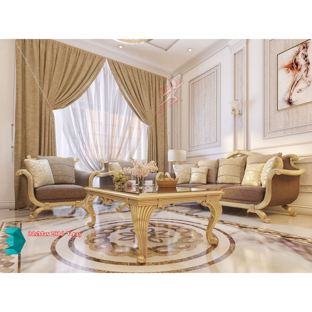 Classic Living Room 3D Model – Luxurious Interior Design, FBX, Blender - View 3