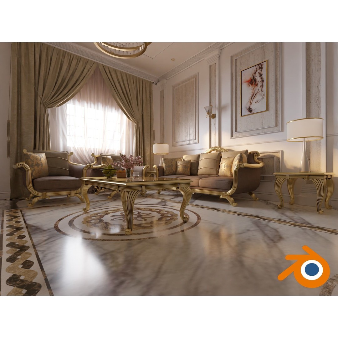 Classic Living Room 3D Model – Luxurious Interior Design, FBX, Blender - View 4