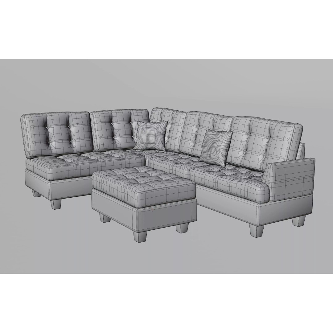 Tufted Fabric Sofa 3D Model – Modern Low-Poly Sectional, FBX - View 12