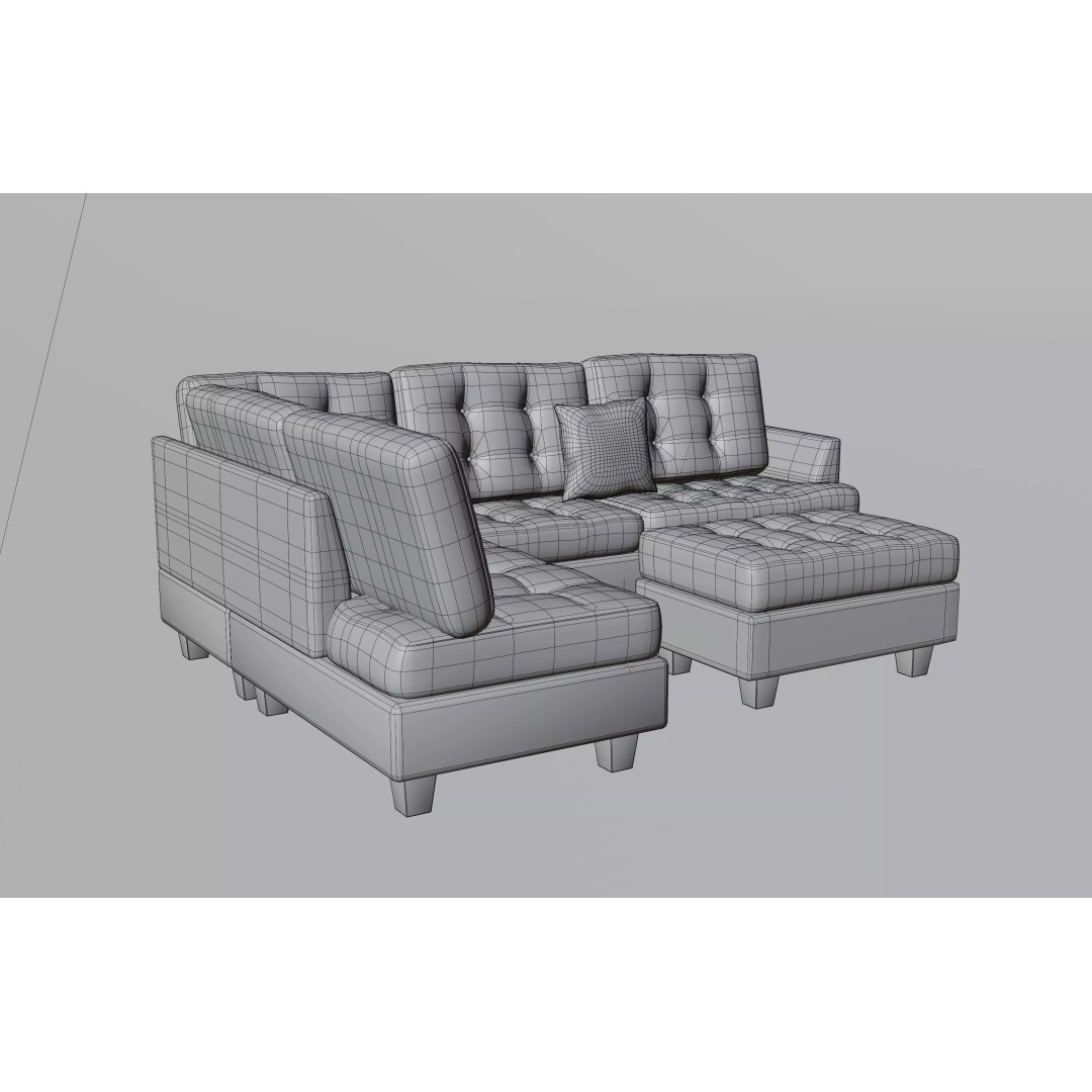 Tufted Fabric Sofa 3D Model – Modern Low-Poly Sectional, FBX - View 14