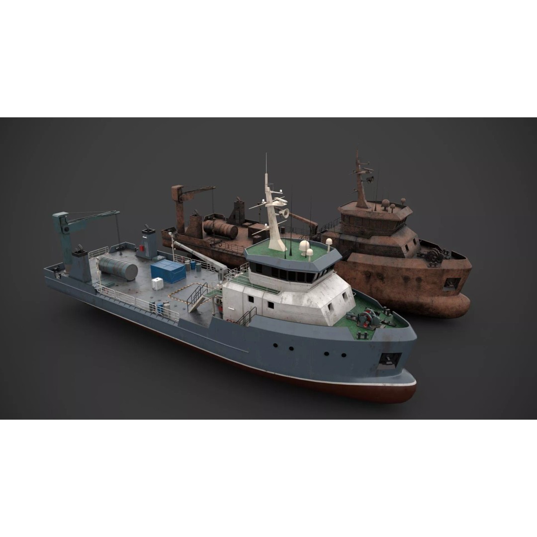 Supply Boat 3D Model – Low Poly Industrial Vessel with PBR Textures - View 2