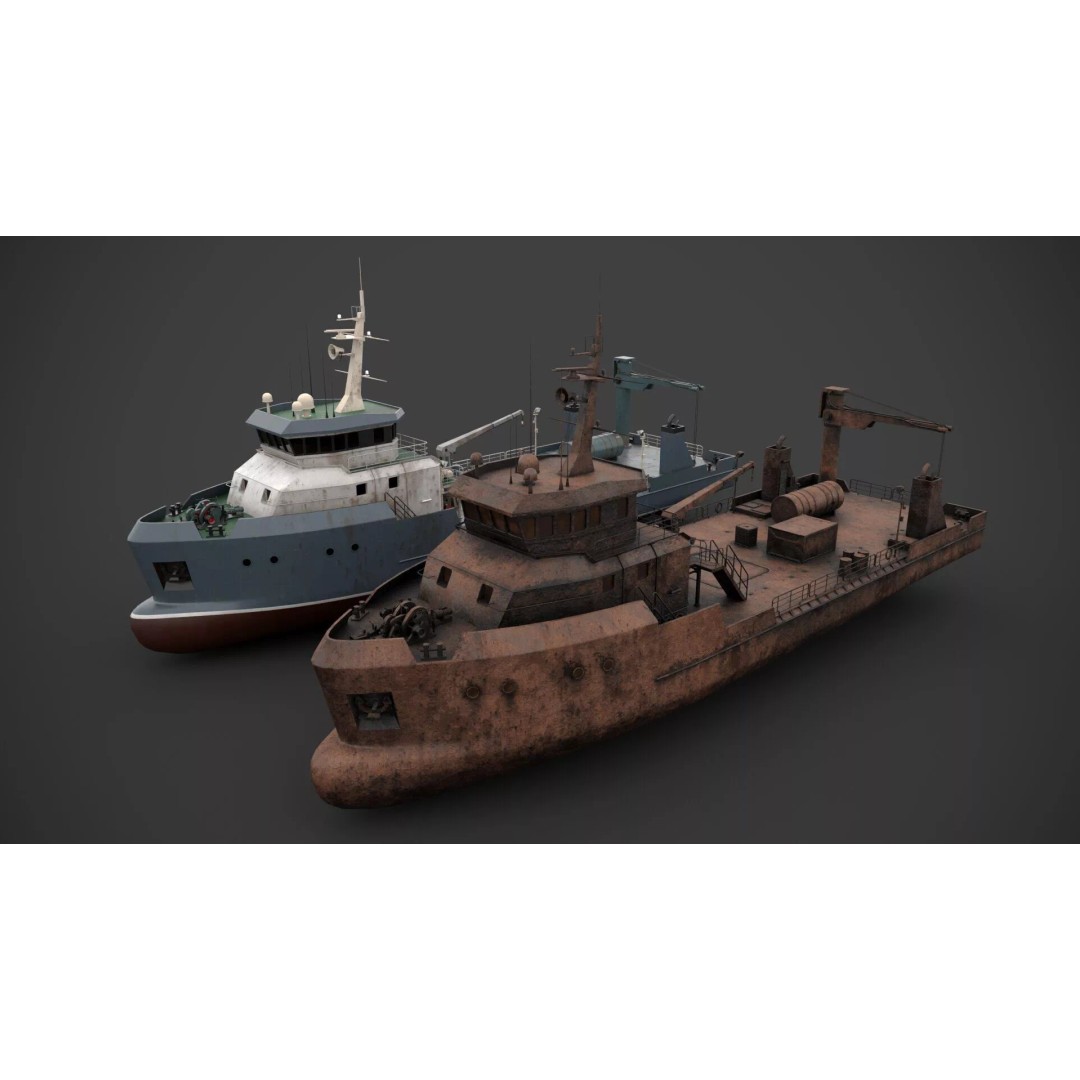 Supply Boat 3D Model – Low Poly Industrial Vessel with PBR Textures - View 3